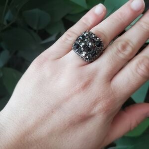 Statement Ring Black Gray Tone Gems Crystals Stretch Band Gothic
